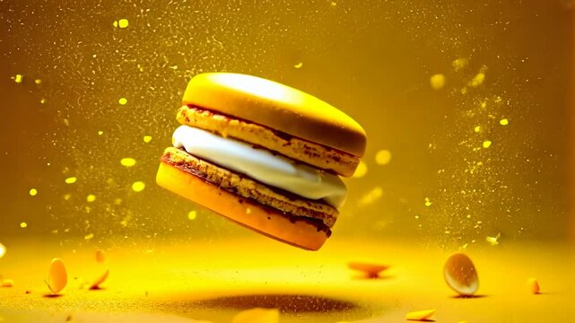Macaron, lemon dessert, citric sparkle. Flavor burst. Zesty macaron introduces tasteful delight. Lemon zest enhances sweet sensation. Golden particles shower sugary treat.