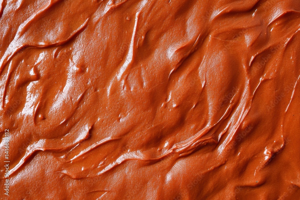 Poster Close-up of a textured, vibrant reddish-brown surface with glossy highlights and intriguing, wavy patterns. Texture and surface detail visible.
