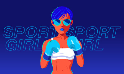 Vector illustration of a woman exercising and boxing with blue boxing gloves and fashion sunglasses.