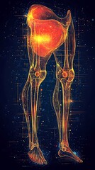 Human leg anatomy, illuminated with glowing skeletal structure and muscles.