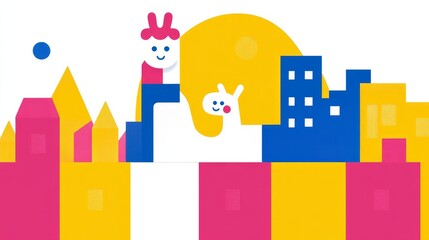 Whimsical cityscape illustration with playful rabbit characters evokes retro video game aesthetics with vibrant geometric shapes against a clean background