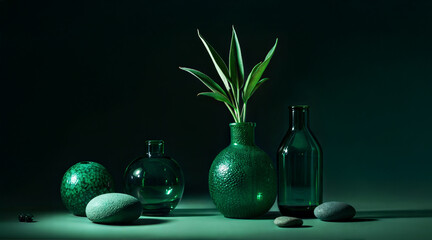 Aesthetic arrangement with vases and plant – green backdrop