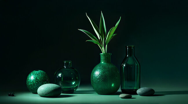 Aesthetic arrangement with vases and plant &ndash; green backdrop