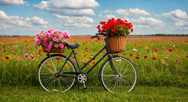 Bicycle with flower baskets on blooming meadow