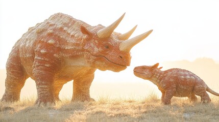 Fototapeta premium Prehistoricencounterwithacubintheancientworldshowcasingearlymammalianlifeandtheinteractionbetweenmotherandbabyundergoldenlightofdawn
