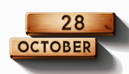 Illustration of wooden blocks with date 28 October. Day and month, simple calendar