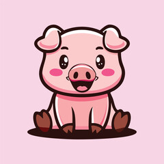 Cute pig cartoon vector mascot sitting simple minimalist flat isolated