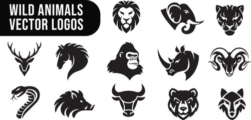 Fototapeta premium Wild Animals silhouette logos set, Animal's head logos, Black and white vector, set of 13 illustration clipart vector art