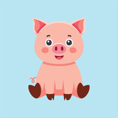 Cute pig cartoon vector mascot sitting simple minimalist flat isolated