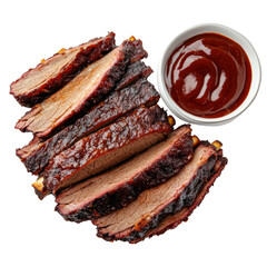 Barbecue Sliced Brisket with Sauce: Savory slices of expertly smoked brisket, a barbecue classic, alongside a small bowl of rich, tangy sauce, a culinary journey of taste and texture.