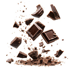 Chocolate Explosion: A visually captivating display of dark chocolate fragments and cocoa, exploding in mid-air. A high-angle shot, showcasing the dynamic textures of a culinary delight.