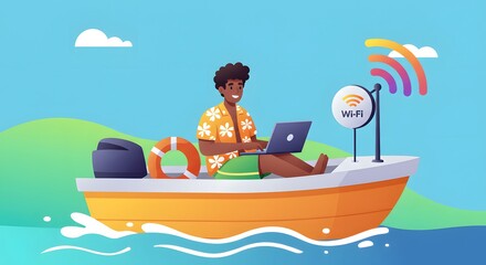 Obraz premium Person Working on Laptop in Boat with WiFi Connection