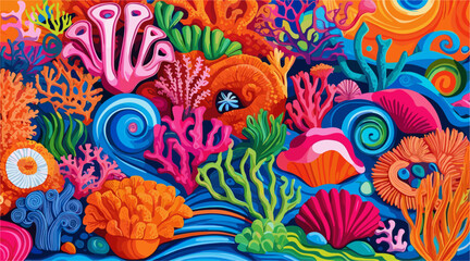 Abstract colorful background with coral reef with many different types of sea creatures. The painting is vibrant and lively, with a sense of movement and energy. The colors are bright and bold