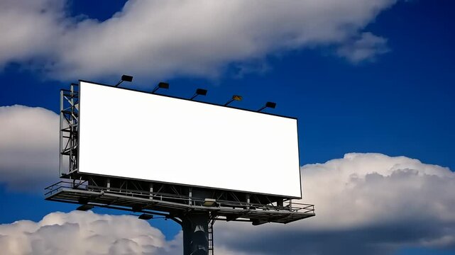 Blank Billboard Against a Vivid Blue Sky with Fluffy Clouds: A Perfect Canvas for Your Advertisement