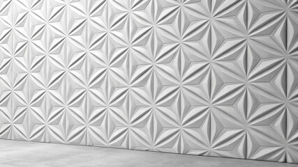 White 3D geometric wall panel with triangular star pattern. Interior background design. Studio architecture mockup for wallpaper and design