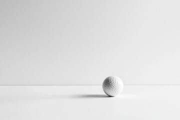 Close-up of a solitary golf ball on a white surface, bathed in gentle, natural light. Minimalist composition with a clean aesthetic.