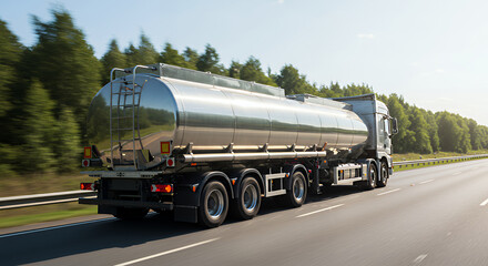 Large Stainless Steel Tanker Truck Driving on a Highway in Sunny Day