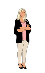 Businesswoman standing full length colored outline drawing. Young woman in smart casual office attire. Hand drawn vector sketch illustration isolated on white background.