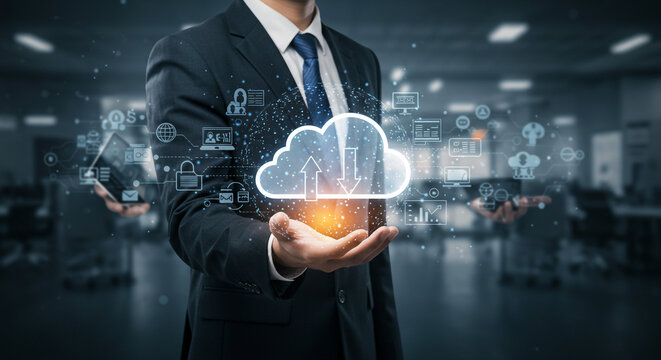 A businessman carefully cradles a glowing cloud symbolizing seamless data flow and effortless connectivity, a futuristic vision of business operations in a modern, blurred office setting.