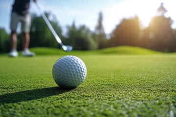 A golfer preparing to putt a ball on a vibrant green golf course, with a shallow depth of field highlighting the ball.