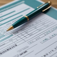 Green Pen on Detailed Business Form Document Paperwork Report gold data rows tool table chart graph 