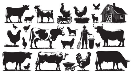 Farm Animal Silhouettes Collection – Livestock, Poultry, Tractor, and Rural Elements Vector Set on white background