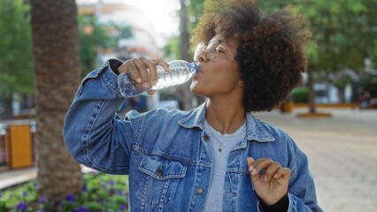 Woman drinking water in urban park wearing denim jacket with curly hair enjoying outdoor city environment