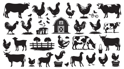Obraz premium Farm Animal Silhouettes Collection – Livestock, Poultry, Tractor, and Rural Elements Vector Set on white background