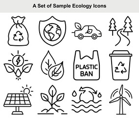 Ecology Icon Set in Line Art Eco Car, Recycle Bin, Solar Panel & Plastic Ban