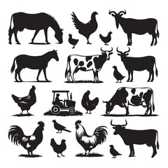 Farm Animal Silhouettes Collection – Livestock, Poultry, Tractor, and Rural Elements Vector Set on white background
