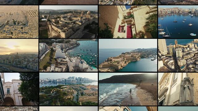 Historic Streets and Stone Facades in Malta captured in a cinematic collage of Maltas architecture, coastlines and heritage. A dynamic visual journey through iconic landscapes and cities.