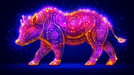 Fototapeta premium Abstract digital rhinoceros illustration with vibrant magenta and golden fractal light patterns against a dark blue background generating a striking ethereal effect