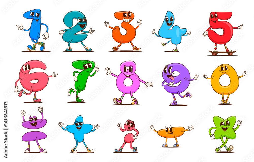 Poster Math number groovy characters, vector funny kids mathematics and education personages. Cartoon retro math symbols and digits with happy smiling faces. Psychedelic groovy numbers from zero to nine