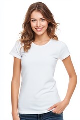 Fototapeta premium Casual elegance of a young woman wearing a plain white t-shirt exudes confidence and simplicity, perfect for lifestyle or fashion-related branding visuals.