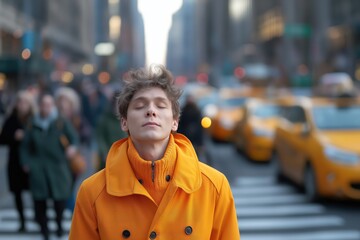 Fototapeta premium Urban tranquility captured amidst bustling city life as a young individual finds peace in a moment of stillness among the vibrant streets of a busy metropolis