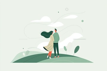 Serene illustration capturing a couple embracing on a tranquil hillside, enveloped by gentle greens and floating clouds, exuding love and peaceful solitude.