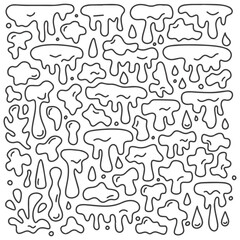 Abstract liquid drop doodles with drips, splashes, and melting shapes drawn in black on white background