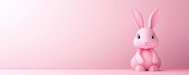 Obraz premium Adorable Pink Bunny Rabbit Sitting on Pink Background Easter Spring Cute Cartoon Animal