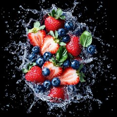 Fresh Strawberries and Blueberries Splashing in Water Vibrant Summer Fruit Healthy Eating