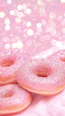 Delicious Pink Donuts with Glitter Sprinkles on Pink Background