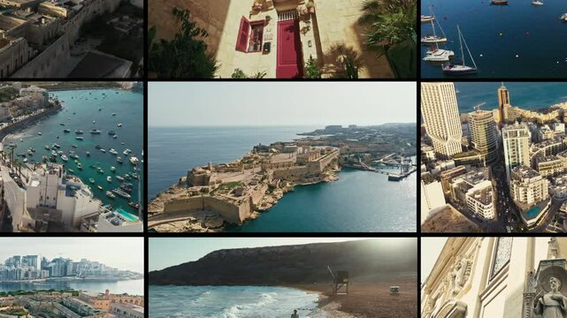 Architectural Highlights of Malta captured in a cinematic collage of Maltas architecture, coastlines and heritage. A dynamic visual journey through iconic landscapes and cities.