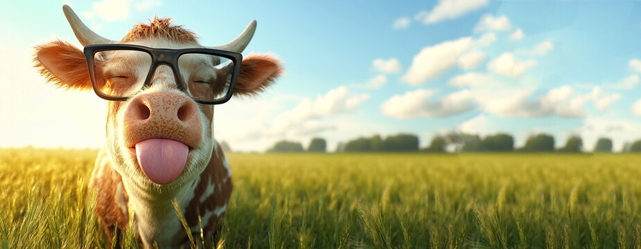 Funny cow with tongue out and eyeglasses posing like a character for advertising. farm animal humor with copy space for banner or marketing use