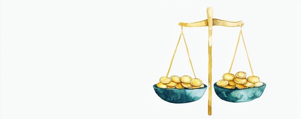 Watercolor Illustration of Balanced Scales with Gold Coins Justice Equality Concept