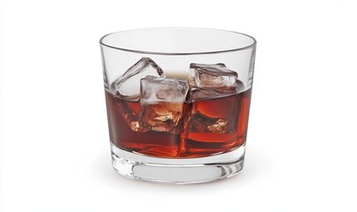 Iced dark liquor in rocks glass, white background, refreshment