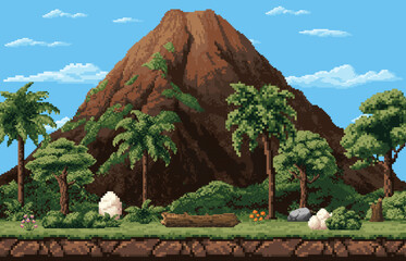 8 bit pixel art game background with dinosaur eggs on a jungle landscape with palm trees, rocks, flowers and volcano mountain under a blue sky. Vector layout for platformer or adventure video games