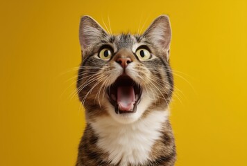 Obraz premium Surprised Cat Looking Up with Open Mouth Against Yellow Background