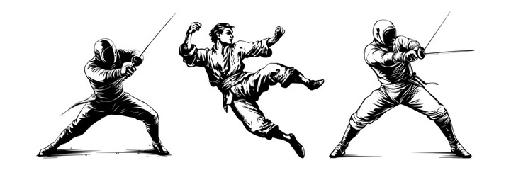 Fototapeta premium Fighter Vector Set – Martial Arts and Wrestling Pose Illustration