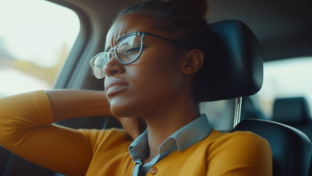 Woman in a car experiencing neck discomfort and wearing glasses