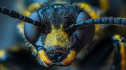 Close-up of a black and yellow insect's head.