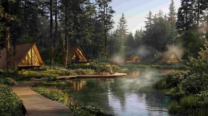 Obraz premium Cabins near pond, misty morning. Tranquil escape